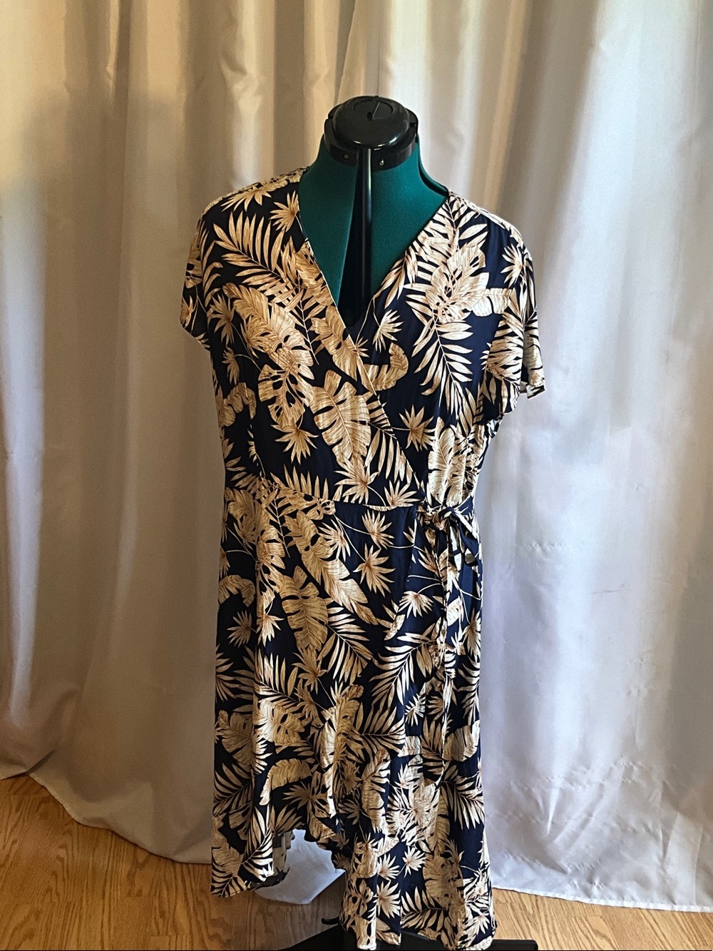 Allegra K Navy Wrap Midi Dress with Cream Tropical Leaf Print